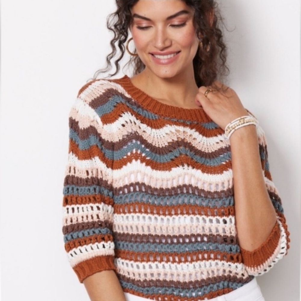Evereve Striped Open Knit Sweater in Rust, Cream, Blue, Brown